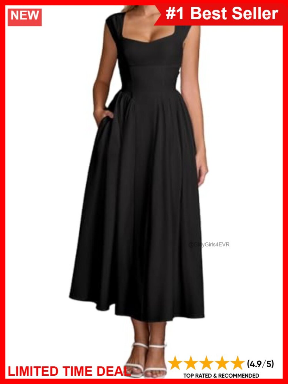 A-Line Midi Dress Square Neck Sleeveless Back Cutout Pocket Casual